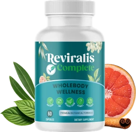 One white Reviralis Complete capsule bottle with a teal label, beside grapefruit, leaves and cinnamon