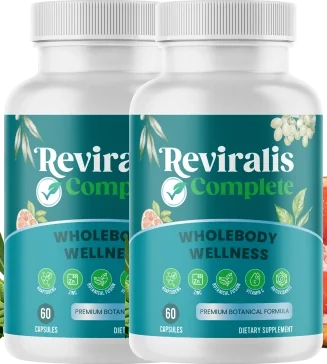 2 white Reviralis capsule bottles with teal labels