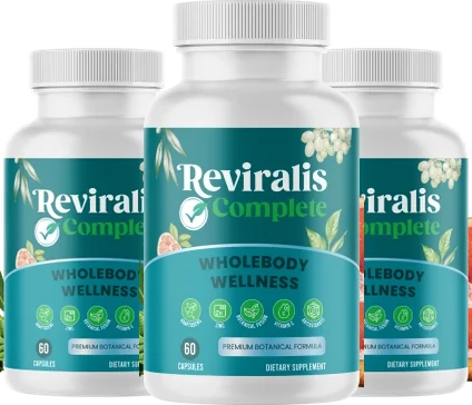 3 white Reviralis capsule bottles with teal labels