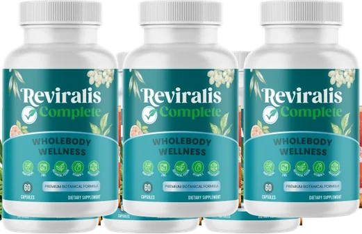 6 white Reviralis capsule bottles with teal labels