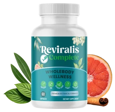 A white Reviralis Complete capsule bottle with a teal label