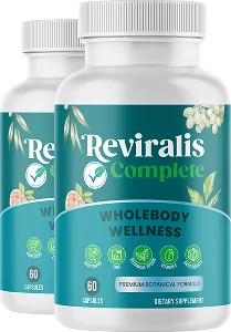 Two white Reviralis Complete bottles with teal labels