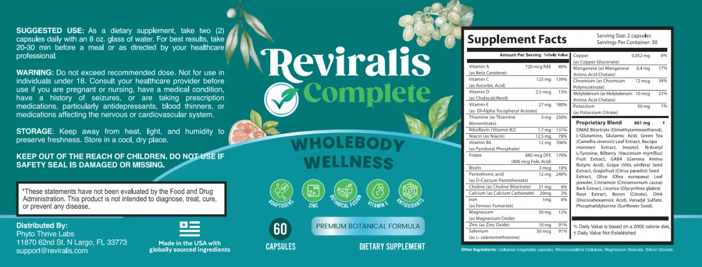 The flat Reviralis Complete label: suggested use, warning, storage, FDA statement and distributor on the left; the wordmark, Wholebody Wellness and five icons in the middle; Supplement Facts on the right
